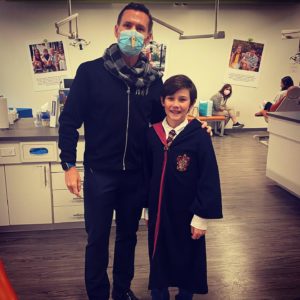 boy in Harry Potter costume at the orthodontist in Alpharetta